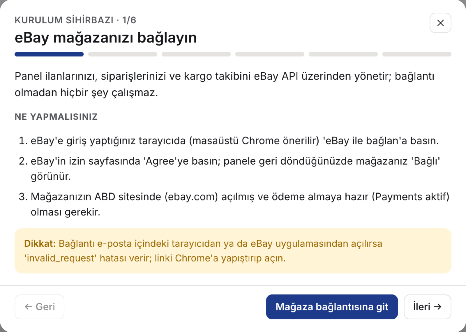 Kurulum sihirbazı: her adımda ne yapılacağı ve ilgili sayfaya giden düğme.