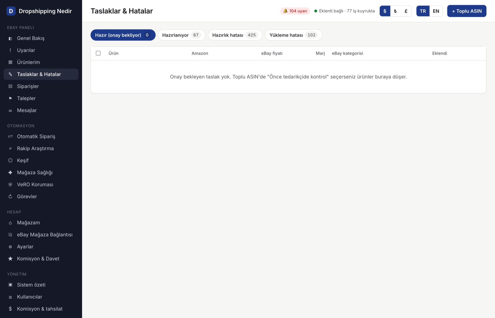 Taslaklar & Hatalar: eBay'in reddettiği ilanlar ve hata metni.