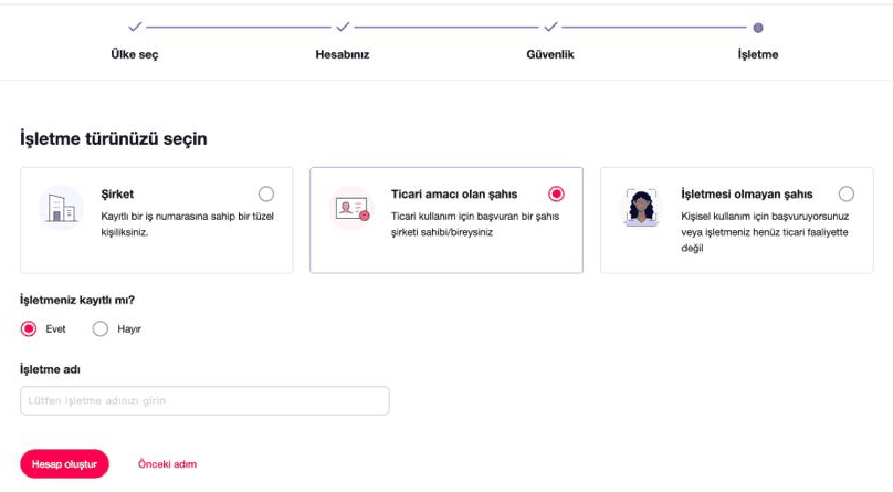 WorldFirst işletme türü ekranı: Ticari amacı olan şahıs seçili, İşletmeniz kayıtlı mı sorusunda Evet işaretli