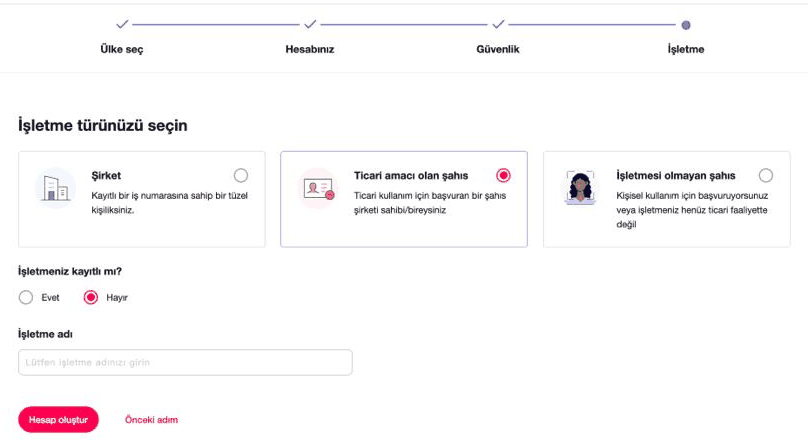WorldFirst işletme türü ekranı: Ticari amacı olan şahıs seçili, İşletmeniz kayıtlı mı sorusunda Hayır işaretli
